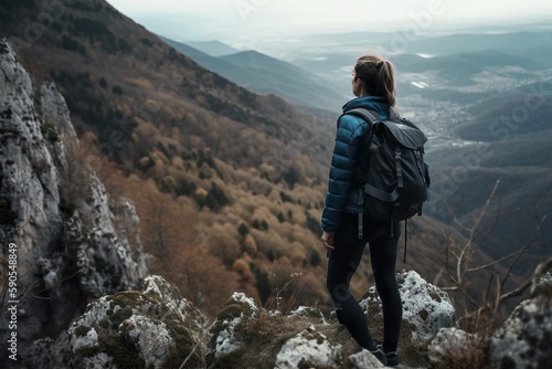 Girl Climbs Mountain, Backpack Ready. Generative AI © Radomir Jovanovic