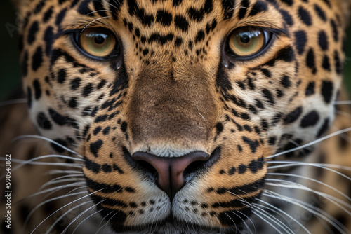 full frame close up piercing eyes of a magnificent exotic big cat or feline like a leopard, such as a central american jaguar or panthera onca, found in the pantanal of Brazil, generative AI © Kien