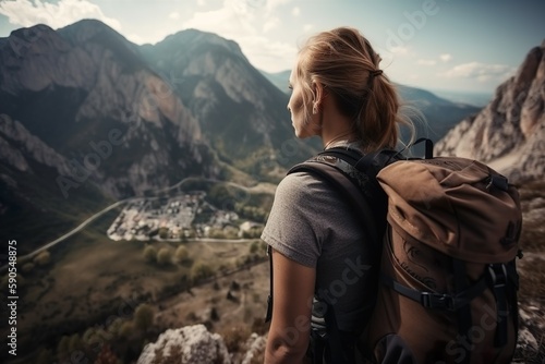 Girl Climbs Mountain, Backpack Ready. Generative AI