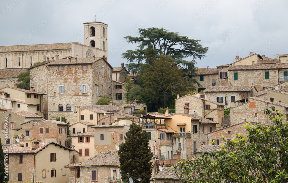 View of the historic center of Todi town in the Umbria region Italy