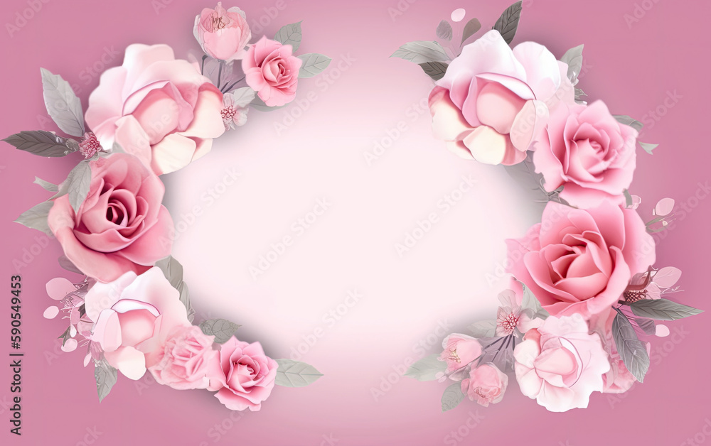Floral frame with pink and white roses frame on a pink background. Generative AI