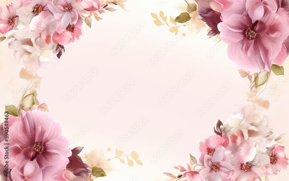 Floral background with pink flowers and leaves. Generative AI