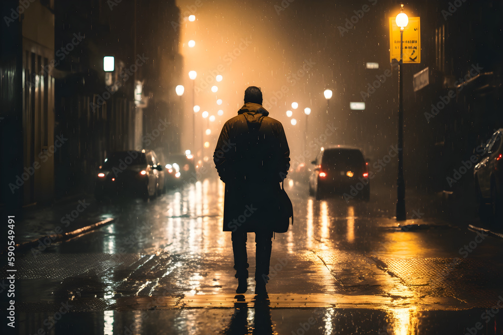 Man in the rain on a street