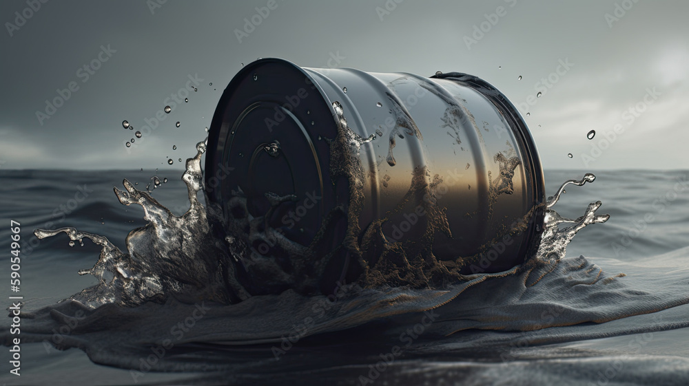 Oil barrel sinking in water. Concept of oil crisis. Generative AI Oil barrel sinking in water. Concept of oil crisis. Generative AI