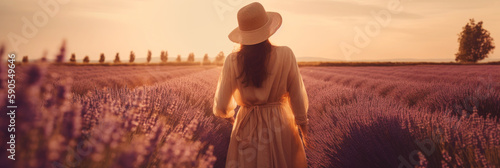 Young woman walks through the lavender fields and enjoys sunset - Generative AI