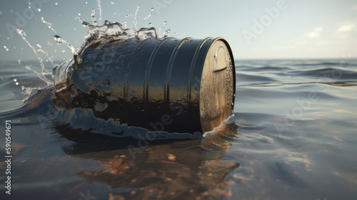 A drum barrel of oil in the water. The concept of environmental pollution. Generative AI