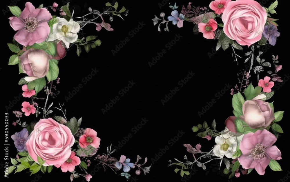 Watercolor floral frame on a black background. Generative AI