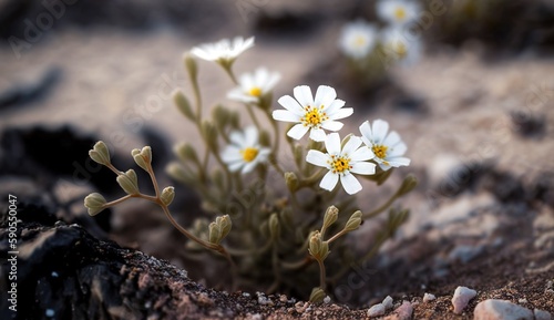 Little wildflowers that bloom in white in an arid landscape. Generative AI photo
