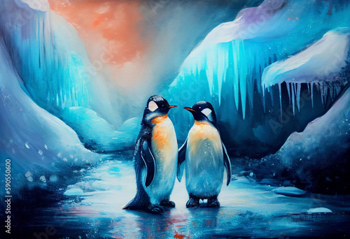 Two cute penguins in the Arctic ice. AI genarated