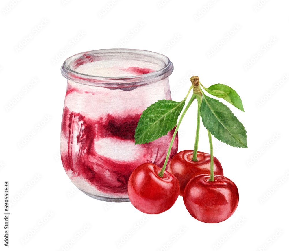 Watercolor illustration of yogurt with cherry isolated on white background. White chocolate mousse cherry jam in a glass. Watercolor illustration of yogurt with cherry isolated on white background. White chocolate mousse cherry jam in a glass.