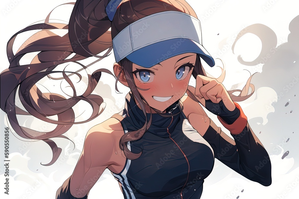 Cute anime girl covered in sweat in sportswear and visor. Generated ai.  ilustração do Stock