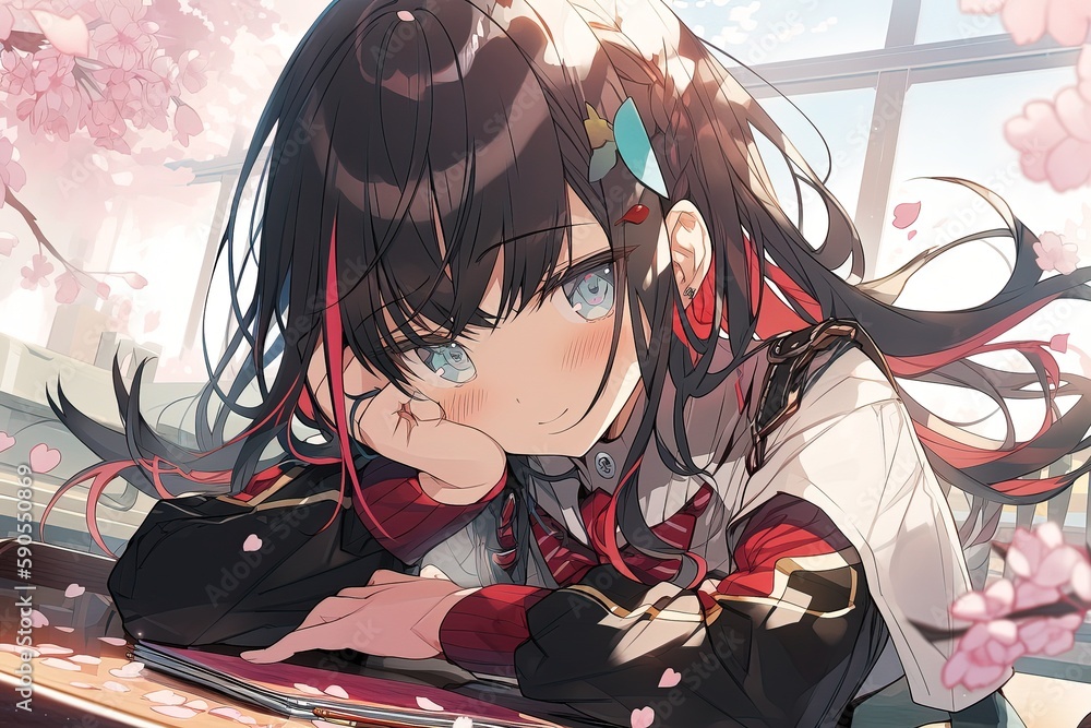 Fototapeta premium A cute anime girl sits at a table against the backdrop of a window in which you can see cherry blossoms. Generated ai.