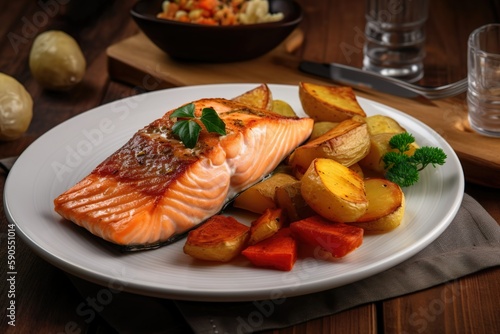 Grilled Salmon and Fried Potatoes: A Delicious Feast. Generative AI