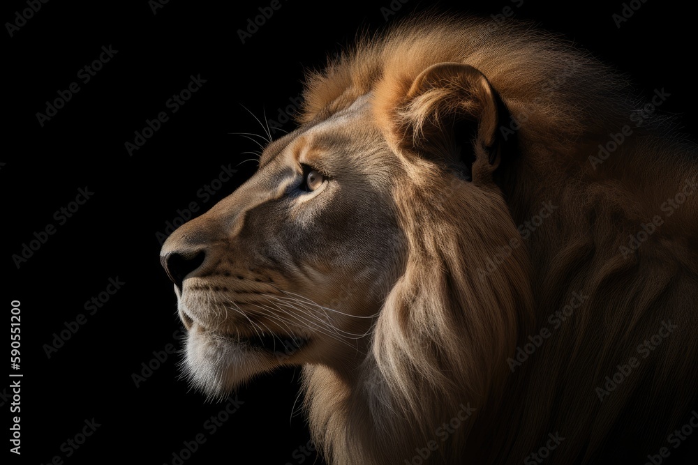Naklejka premium Lion portrait on dark background. Animal photography. Generative AI.