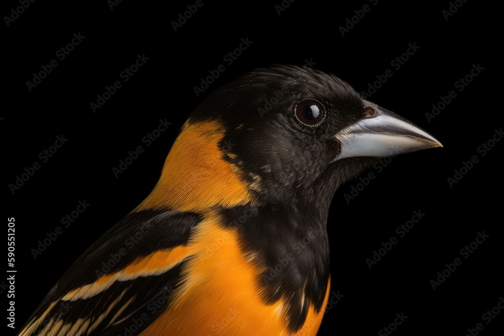 Naklejka premium Oriole closeup profile on dark background. Bird photography. Generative AI.