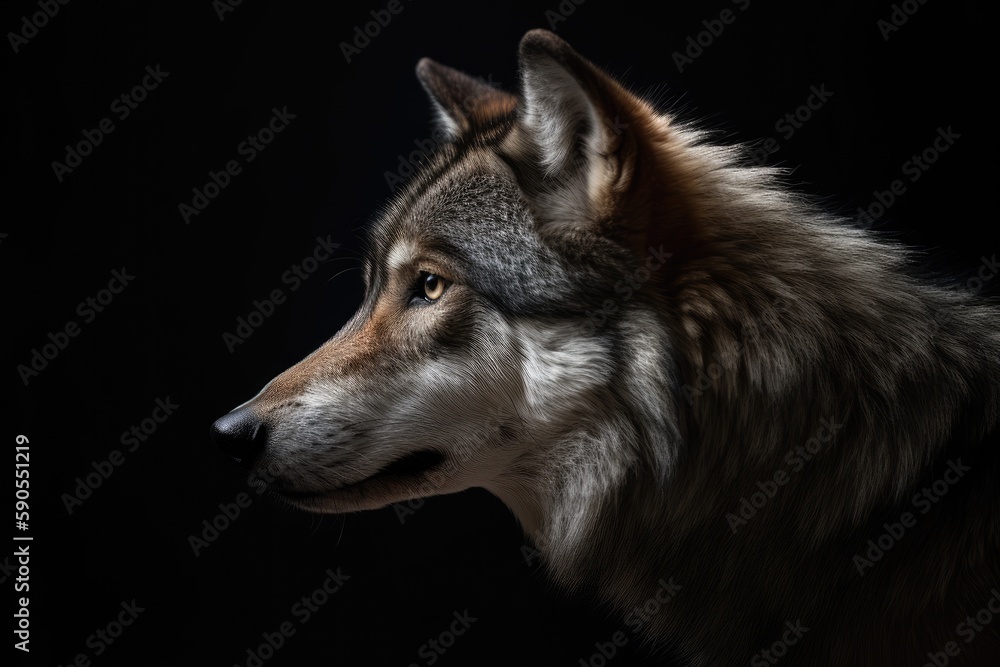 Wolf portrait on dark background. Animal photography. Generative AI.