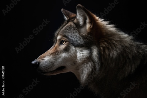 Wolf portrait on dark background. Animal photography. Generative AI.