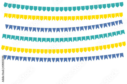 Flags, bunting, festive decoration, garlands, borders design elements set, isolated. Hand drawn vector illustration. Festa Junina celebration, holiday, festival, party, carnival, birthday, anniversary