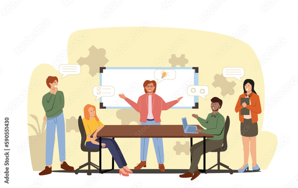 Business characters team working in office, people working together in the company, meeting, discusion, brainstorming Vector flat cartoon design illustration isolated on the white background