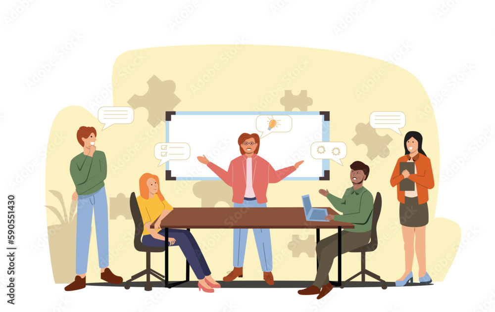 Business characters team working in office, people working together in the company, meeting, discusion, brainstorming Vector flat cartoon design illustration isolated on the white background Business characters team working in office, people working together in the company, meeting, discusion, brainstorming Vector flat cartoon design illustration isolated on the white background