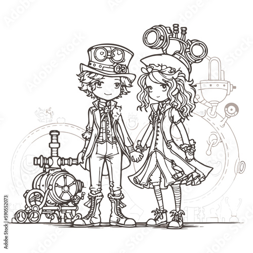 cute cartoon characters, two steampunk styled people dating, coloring book page, boy and girl, black isolated on white background