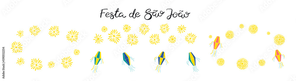 Festa Junina design elements set, lanterns, fireworks borders, frames with copy space, isolated. Hand drawn vector illustration. Traditional Brazilian holiday, Saint John festival, party, carnival