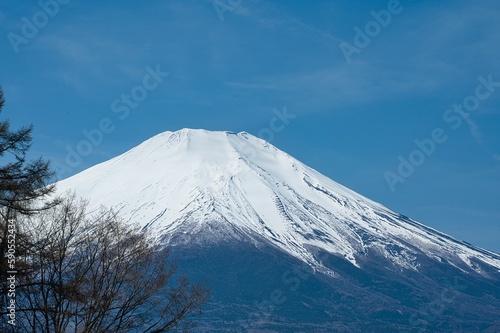 close up of Mt. Fuji in Spring season under the blue sky in Yamanashi prefecture, Japan