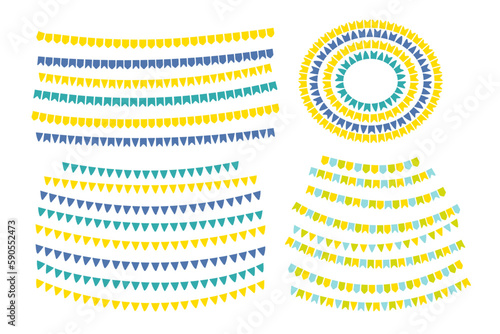 Flags, bunting, festive decoration, garlands, borders design elements set, isolated. Hand drawn vector illustration. Festa Junina celebration, holiday, festival, party, carnival, birthday, anniversary