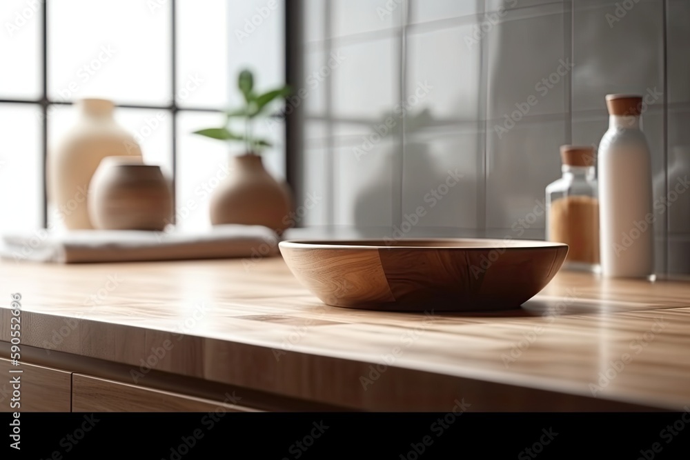 rustic wooden bowl resting on a wooden countertop. Generative AI rustic wooden bowl resting on a wooden countertop. Generative AI