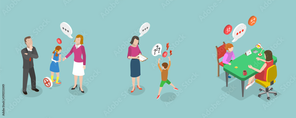 3D Isometric Flat Vector Conceptual Illustration of Kids Emotional Management, Attention Deficit Hyperactivity Disorder - obrazy, fototapety, plakaty 