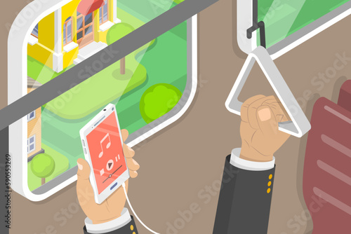 3D Isometric Flat Vector Conceptual Illustration of Using a Smartphone in a Public Transport, Inside an Urban Vehicle