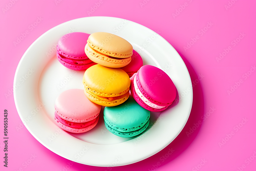 Macarons cookies on a round white plate on pink background. Macarons cookies on a round white plate on pink background.