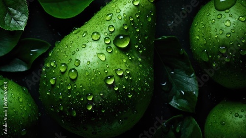 green pear with drops of water
