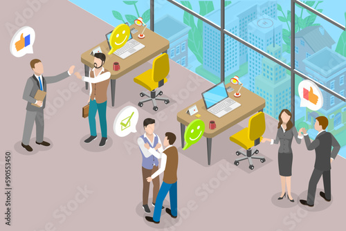 3D Isometric Flat Vector Conceptual Illustration of Cheerful Colleagues, Giving High-five