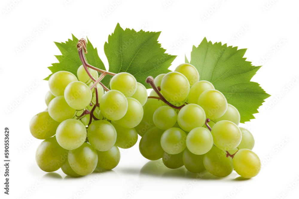 A bunch of ripe, juicy, green grapes with leaves on a white background. Fruits isolated on a white background. Generative AI A bunch of ripe, juicy, green grapes with leaves on a white background. Fruits isolated on a white background. Generative AI