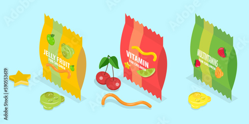 3D Isometric Flat Vector Set of Chewy Jelly, Gummy Candies Packs
