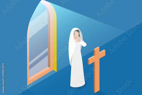 3D Isometric Flat Vector Conceptual Illustration of Virgin Mary, Mother of Jesus Christ in Prayer