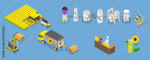 3D Isometric Flat Vector Conceptual Illustration of Vegetable Oil Production, Sunflower Processing Plant