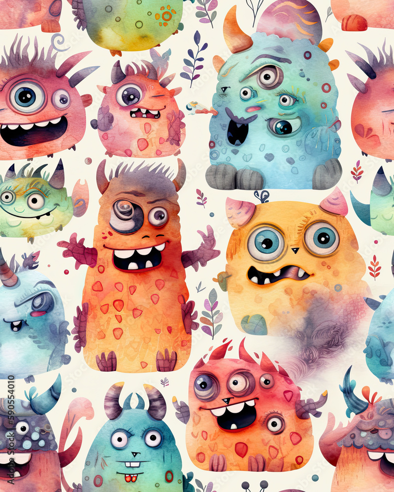Fototapeta premium Seamless Background for your Design with Different Cartoon Monsters, Colorful Tile Pattern with Cute Funny Characters. AI generated image.