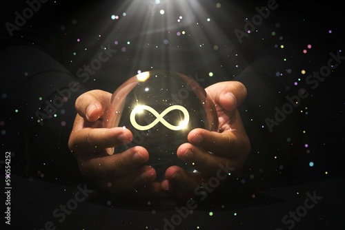 Infinity love Mag Glass ball fortune teller, abundance manifestation concepts. Hand holding virtual reality infinity symbol.New generation technology.Global network technology and innovation photo