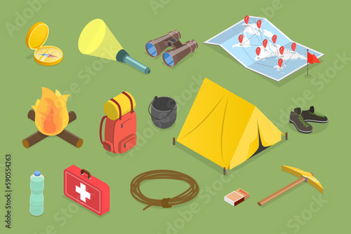 3D Isometric Flat Vector Set of Camping Equipments, Base Camp Gear and Accessories
