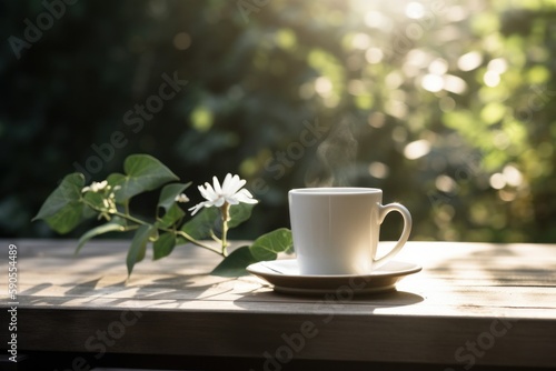 A classic white ceramic cup of coffee on a clean wooden table in the green garden. Generative AI.
