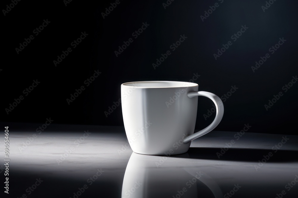 A classic white ceramic cup of coffee on a clean marble table against dark background. Generative AI. A classic white ceramic cup of coffee on a clean marble table against dark background. Generative AI.
