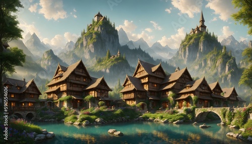 Ancient mountain settlement. Lost city in the green mountains. Beautiful art of ancient civilization