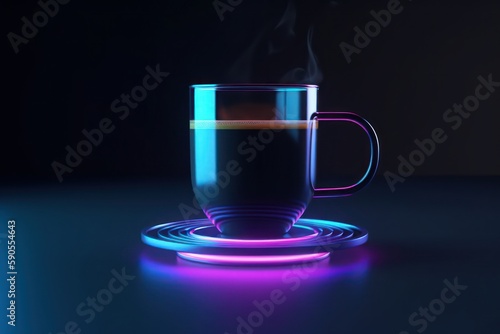 A futuristic purple cup of coffee with foam on a glass table. Purple neon lights. Futuristic design. Generative AI.