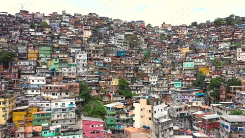 Aerial footage of favela da Rocinha, the Biggest Slum in Latin America. Located in Rio de Janeiro, Brazil photo