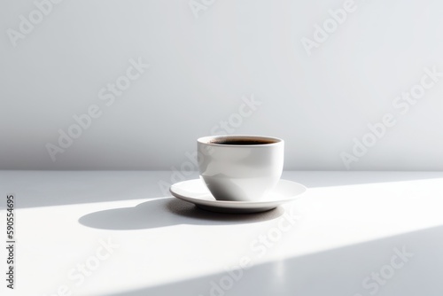 A classic white ceramic cup of coffee on a clean white table against clean background. Generative AI. © Skowron