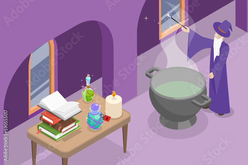 3D Isometric Flat Vector Conceptual Illustration of Wizard Magical Laboratory, Alchemist in a Castle Brewing a Magic Potion