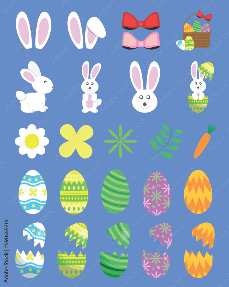 Easter Icons Rabbit, Ears, Flowers, Leafs, Carrot, Ribbons, Eggs and Hatched Eggs