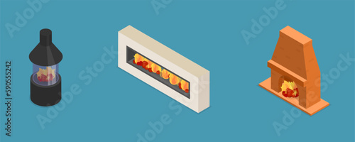 3D Isometric Flat Vector Set of Fireplaces, Firewood Heat Systems